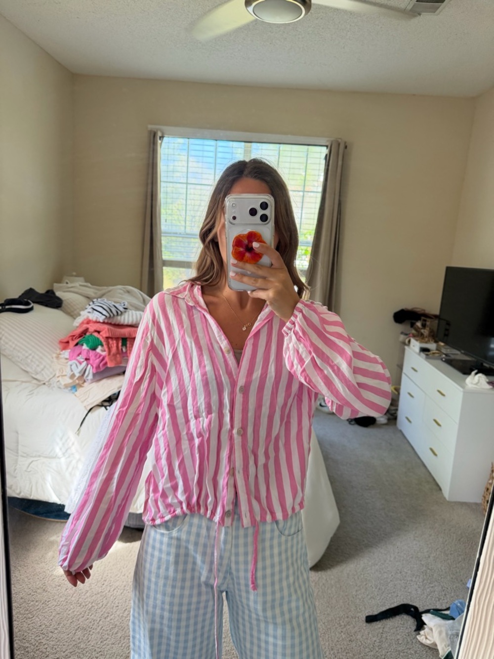 beachlunchlounge Pink and White Striped Button-Up Top